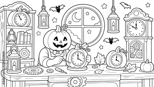 Foto Halloween coloring page for kids with a cute pumpkinheaded character working in