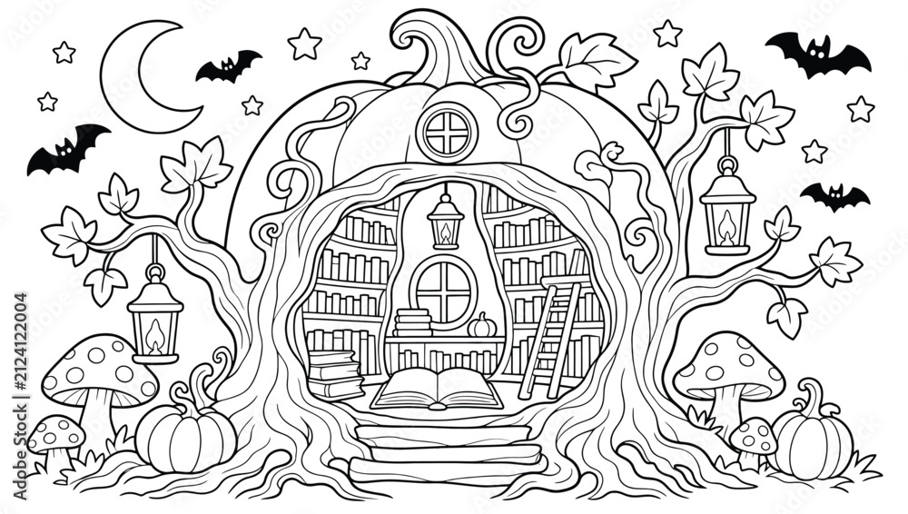 Fototapeta premium Coloring page for children with a magical pumpkin house library, cozy interior with bookshelves, ladder, open book, lanterns, mushrooms, bats, and moon in the night sky