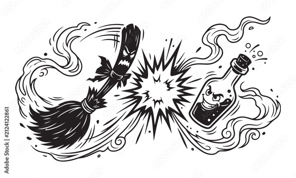 Obraz premium Black and white comic style vector illustration featuring an angry witch broom fighting an evil potion bottle.