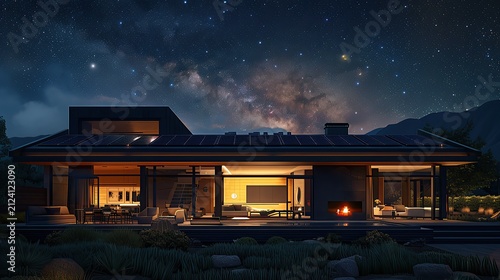 family house with a high-tech solar panel roof installation. Generative AI.