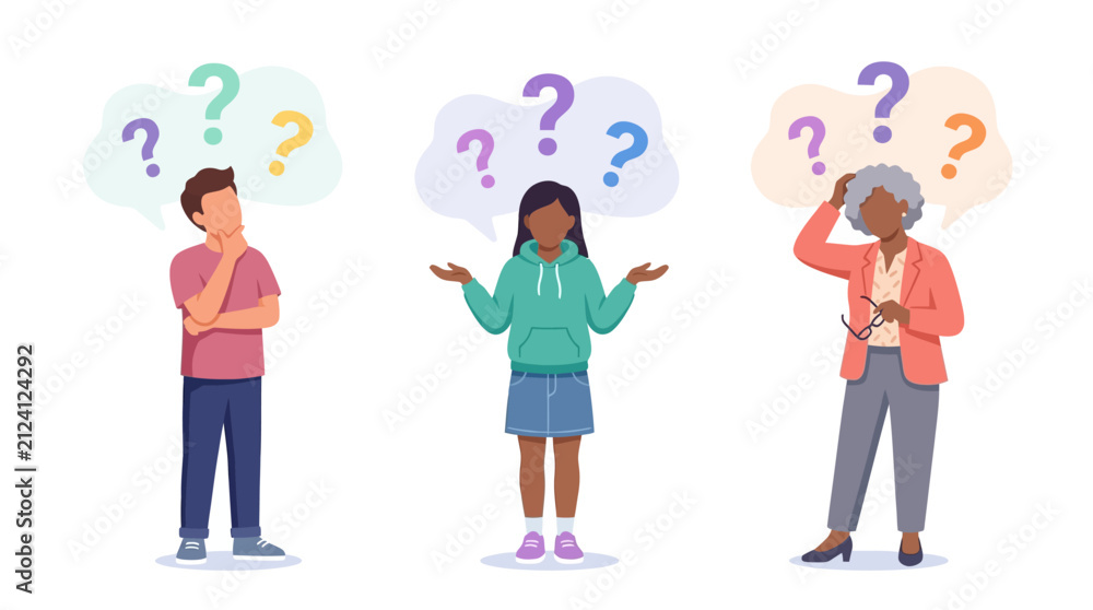 Fototapeta premium Diverse teenagers feeling confused with question marks.