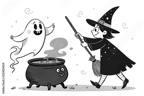 Witch chasing a friendly ghost near a bubbling cauldron