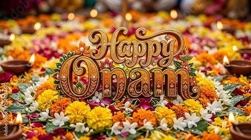 Golden happy onam typography surrounded by marigolds and lamps