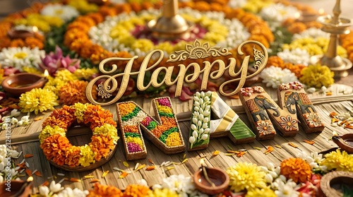 Creative onam letters made from flowers and elephant art
