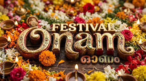 Traditional onam festival wooden letters with clay oil lamps