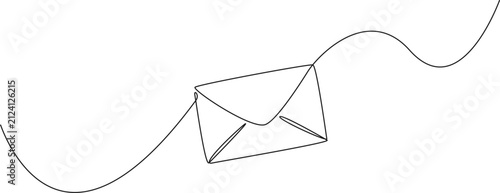 minimalist continuous line drawing of a mail envelope, messaging, communication or contact us concepts, line art vector illustration