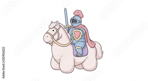 Принти на полотні Cute Cartoon Knight Riding a Chubby Horse Illustration