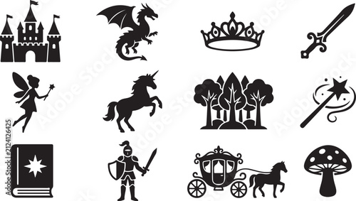 Фотография Collection of black silhouette featuring fantasy including a medieval castle, dr