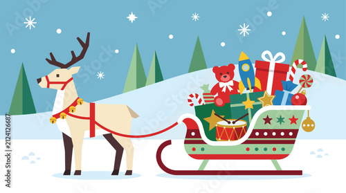 Santa Claus delivering a Christmas gift during a Winter holiday with a reindeer pulling a sleigh full of toys for Merry