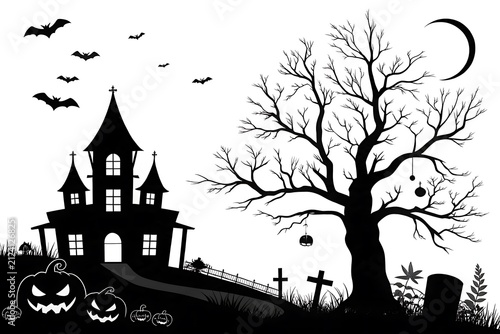 Haunted Halloween house with pumpkins and bats in graveyard