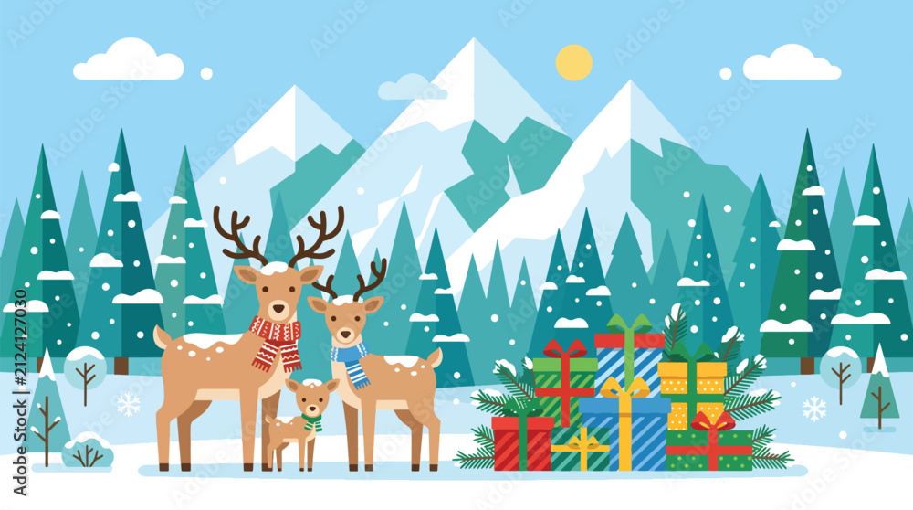 Naklejka premium Merry Christmas family of reindeer with gifts and a decorated tree in a snowy winter holiday landscape illustration