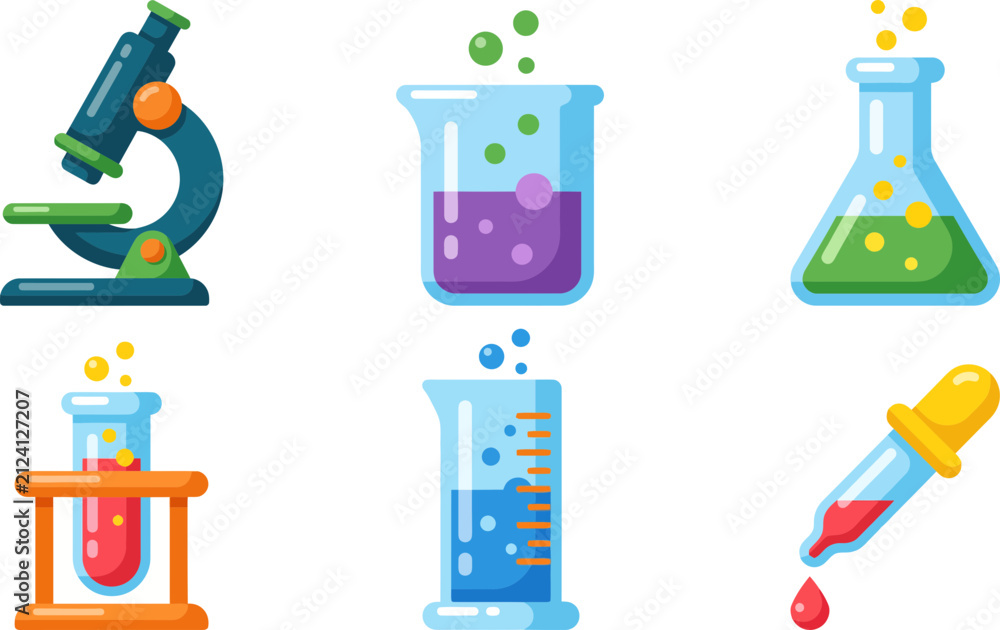 Fototapeta premium Scientific laboratory equipment collection featuring colorful vector illustrations of microscope flasks beakers test tubes and medicine droppers for medical education