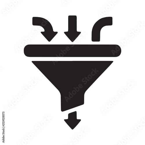 Black funnel icon illustrating input and output with multiple downward arrows and a single downward output arrow filtering conversion selection