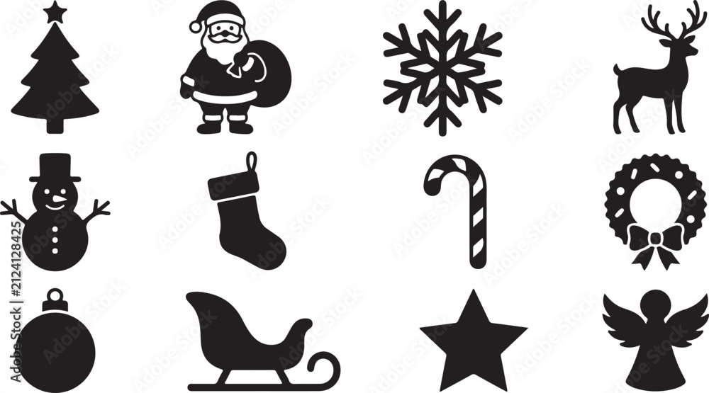 Obraz premium Set of twelve black christmas featuring a santa claus, reindeer, snowman, christmas tree, snowflake, candy cane, wreath, bauble, sleigh, star, and angel silhouette on a white background