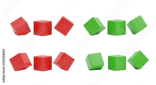 red and green cubes arranged tilting on white backdrop conceptual image for design illustration and abstract art