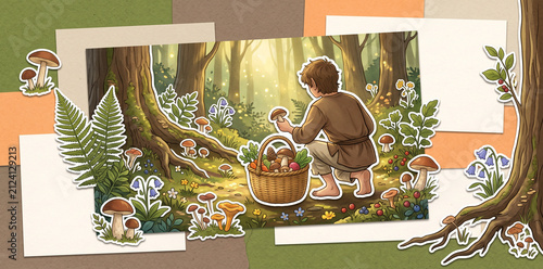 Cozy Fantasy Forest Foraging Scene with a Small Woodland Traveler, Mushrooms and Harvest BasketOpened ingredient