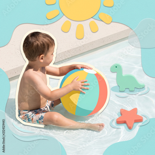 Safe Shallow-Pool Play with a Toddler and Colorful Ball in a Cheerful Summer Collage