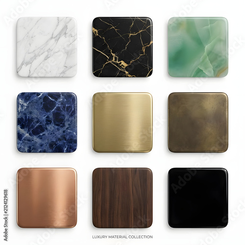 Luxury material swatches including marble and gold.