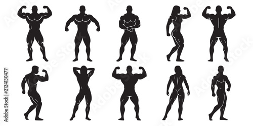 Obraz na płótnie Set of bodybuilding and fitness silhouettes showing different muscular poses and
