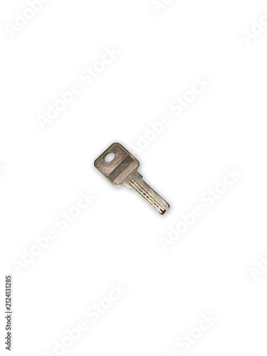 Foto Isolated White Little Old Silver House Key In Different Angle.