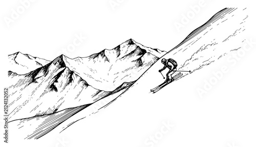 Fotografie Skier descending snowy mountain slope during winter season in vintage engraving