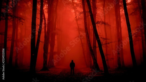 Person standing in a dark red forest. Eerie silhouette in a mysterious foggy woodland.
