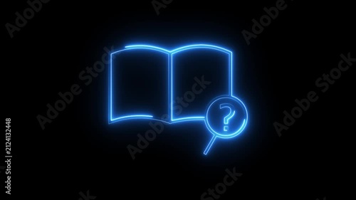 Neon blue outline of open book with glowing question mark symbol digital animation loop.