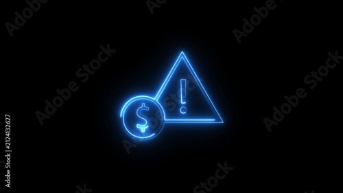 Neon blue warning symbol with dollar sign motion graphic for financial risk information.