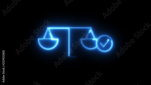 Neon balance scale symbol appearing on dark background for legal and justice business apps.