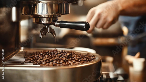 Barista making espresso using professional coffee machine, closeup