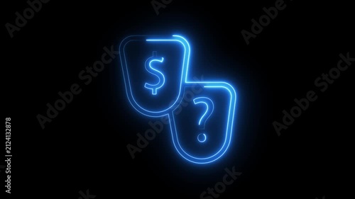 Neon glowing shields with dollar sign and question mark icons animation for digital banking.