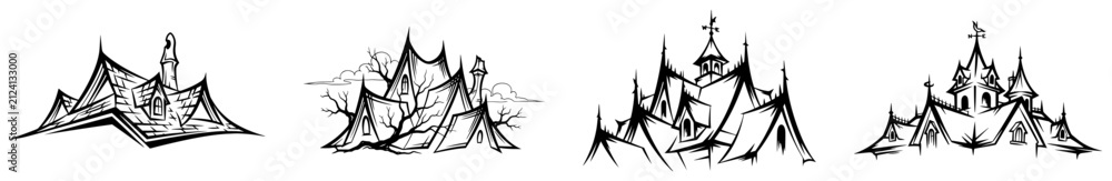 Naklejka premium Haunted house set with crooked roofs and spooky architecture in dark pen sketch style