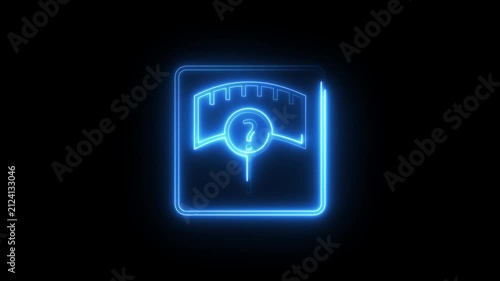 Neon blue weighing scale icon glowing and pulsating in darkness for weight loss concept.