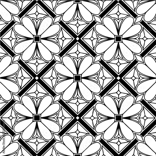 Black and white geometric floral seamless pattern, traditional ornamental tile vector illustration background