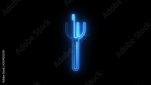 Neon blue fork outline sign glowing against dark background dynamic digital linear graphic.