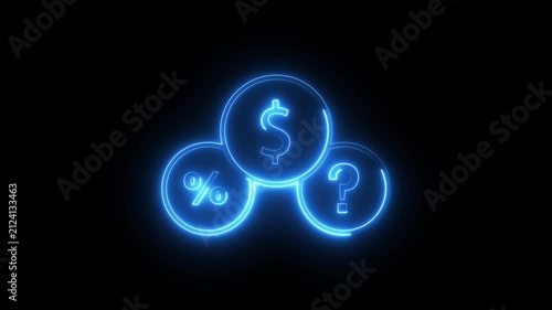 Blue neon business icons with dollar sign percent and question mark glowing on black background.