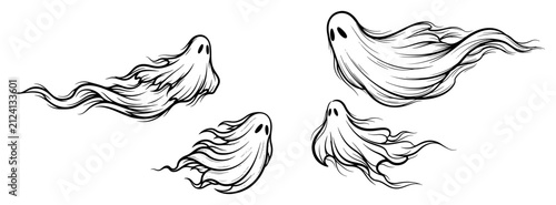 Obraz na płótnie Flying ghost silhouettes with wispy spirit trails in black and white vector styl