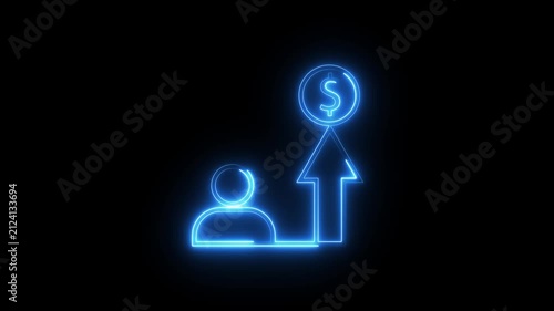Business growth neon icon featuring person profile with upward arrow and dollar currency.
