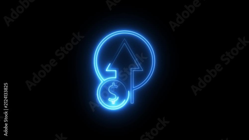 Neon blue arrow pointing upwards with dollar sign symbol for financial growth and profit.
