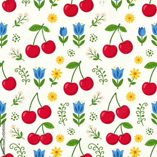 Sweet Summer Harvest: A vibrant and playful seamless pattern featuring ripe red cherries interspersed with charming bluebells and cheerful yellow daisies, evoking a sense of idyllic summer joy.