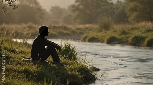 Man Sitting By River At Sunrise 4K Video
