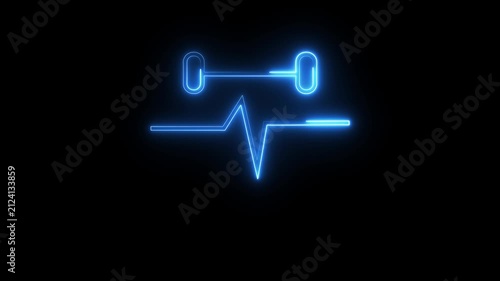 Neon blue heart rate line combined with weightlifting barbell icon animation for fitness.