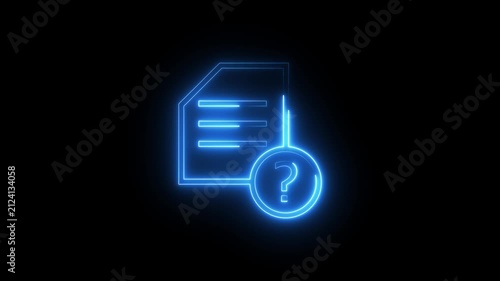Neon document icon with question mark pulsating light effect on black background animation.