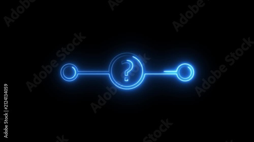 Blue neon question mark icon on horizontal line glows and flickers against black backdrop.