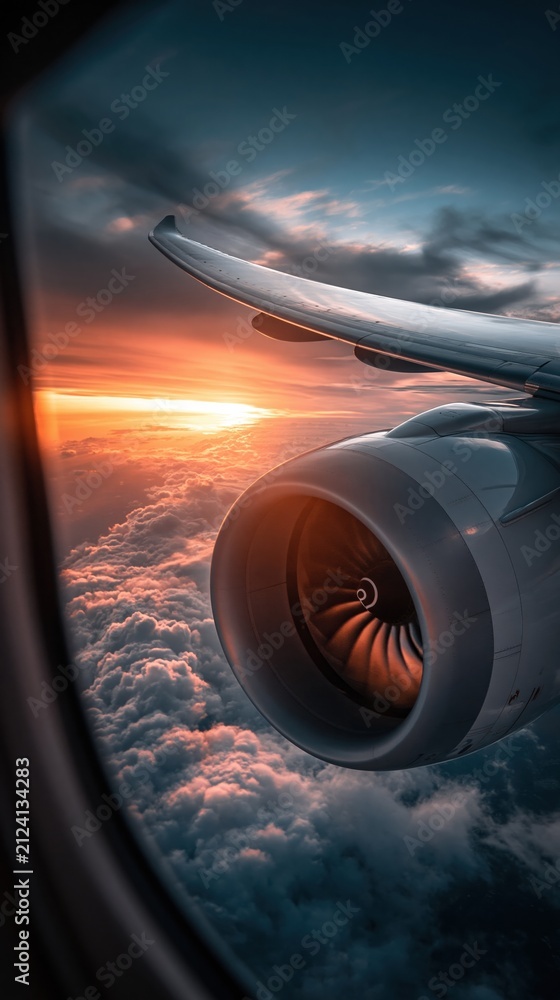 Obraz premium Airplane engine and wing visible through window during breathtaking sunset flight over clouds