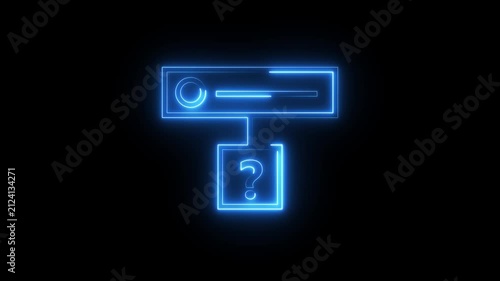 Neon blue question mark icon drawing on black background for digital interface navigation.