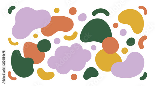 Abstract background with colorful organic shapes on transparent grid.
