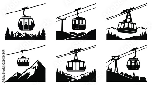 A set of six various cable car silhouette vector illustration on a white background
