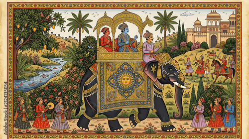 Traditional Indian royal procession with chariot and deities on a decorated platform . Ai Generated