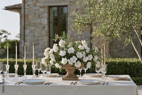 Elegant European estate dining tablescape featuring white flowers, crystal glassware, and candles set against a stone building during golden hour